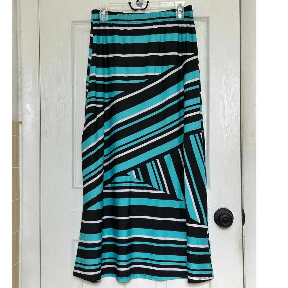 Kim Rogers Bright Aqua Black Striped Bold Stretch Maxi Skirt Wrinkle-free S - Picture 2 of 7